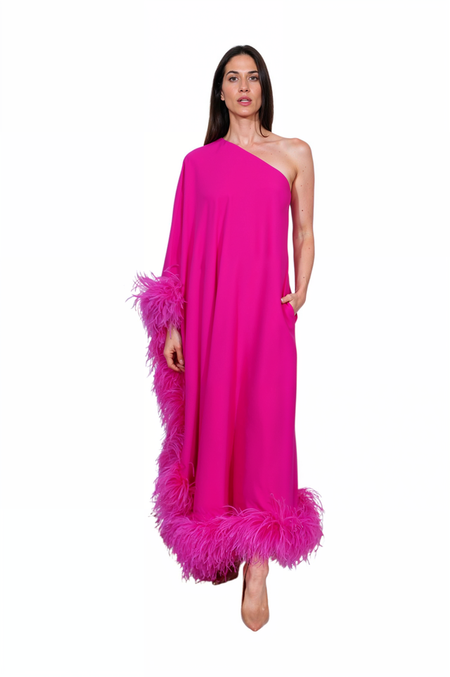 Valentino fuchsia one-shoulder gown, front view on model — elegant feather-trimmed evening dress.