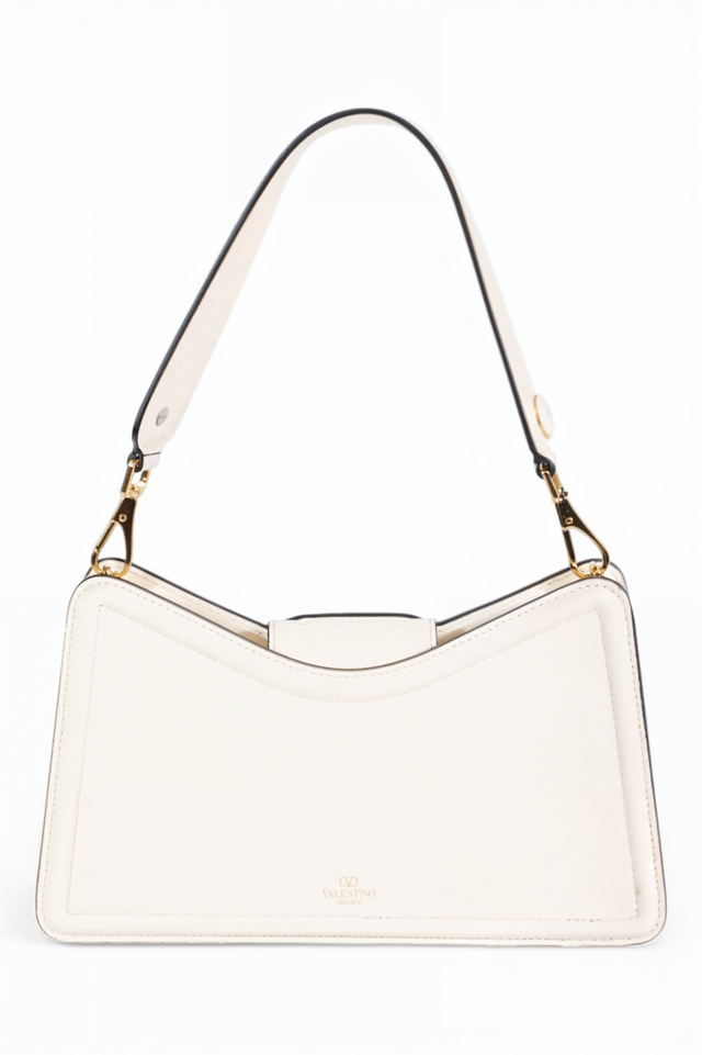 Valentino Garavani VLogo Moon bag, back view — smooth white calfskin with gold embossed Valentino logo.