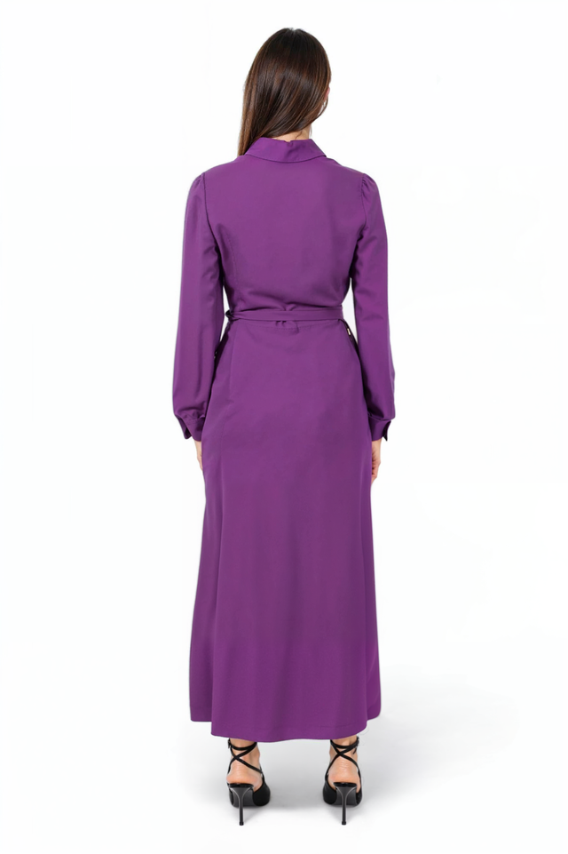 Valentino purple maxi dress, back view on model — tailored fit with belted waist and full-length silhouette.