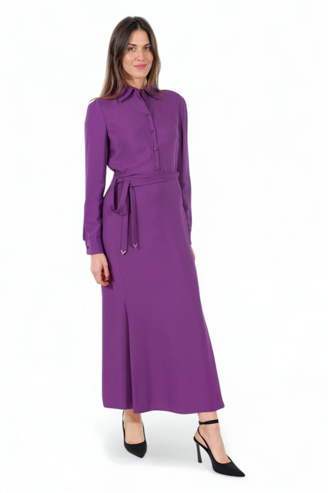 Valentino purple button-down dress, side view on model — long-sleeve maxi with waist-defining belt.