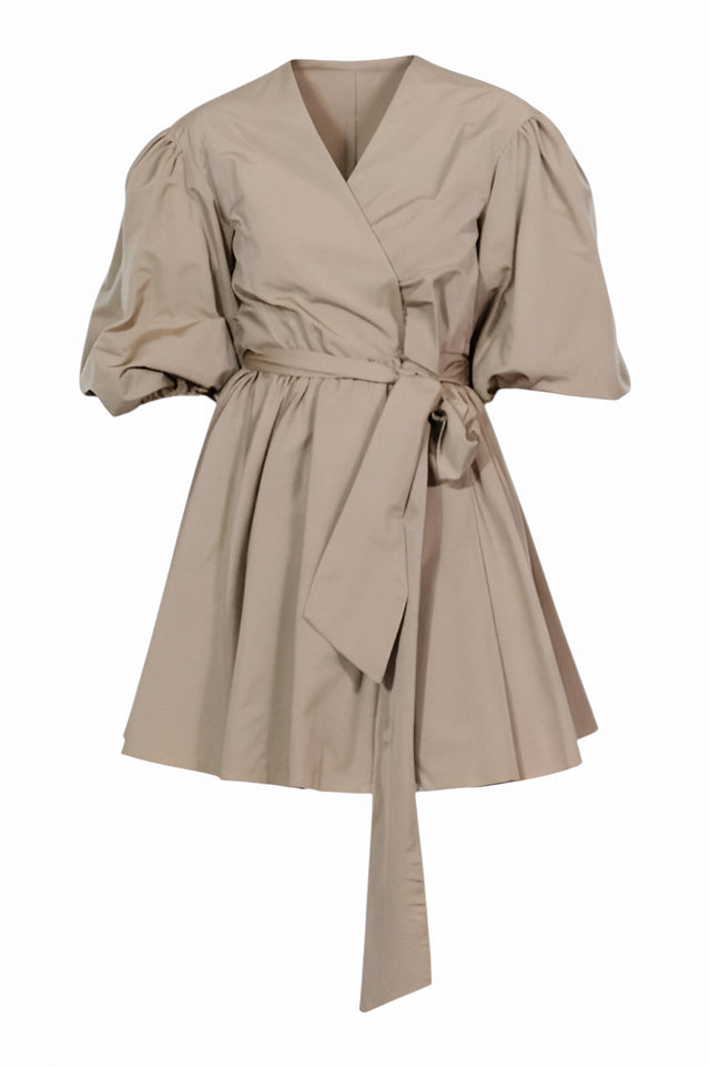 Valentino taupe wrap mini dress, front product view — V-neck with puff sleeves and self-tie waist belt.