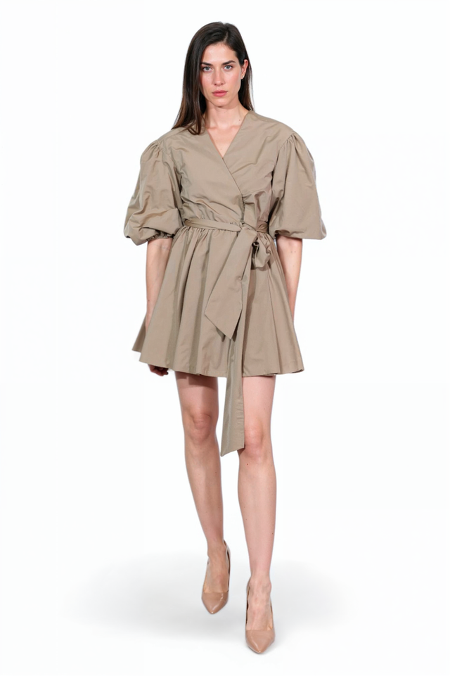 Valentino taupe wrap mini dress, front view on model — elegant short dress with puff sleeves and belt.