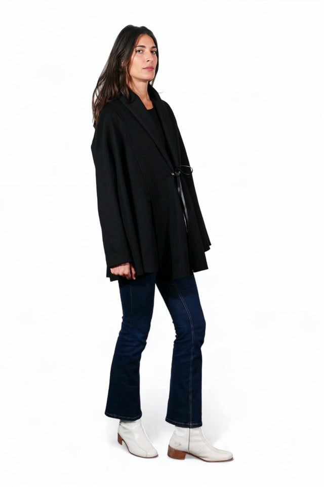 Valentino Black Wool-Crepe Cape with Leather Tie Detail