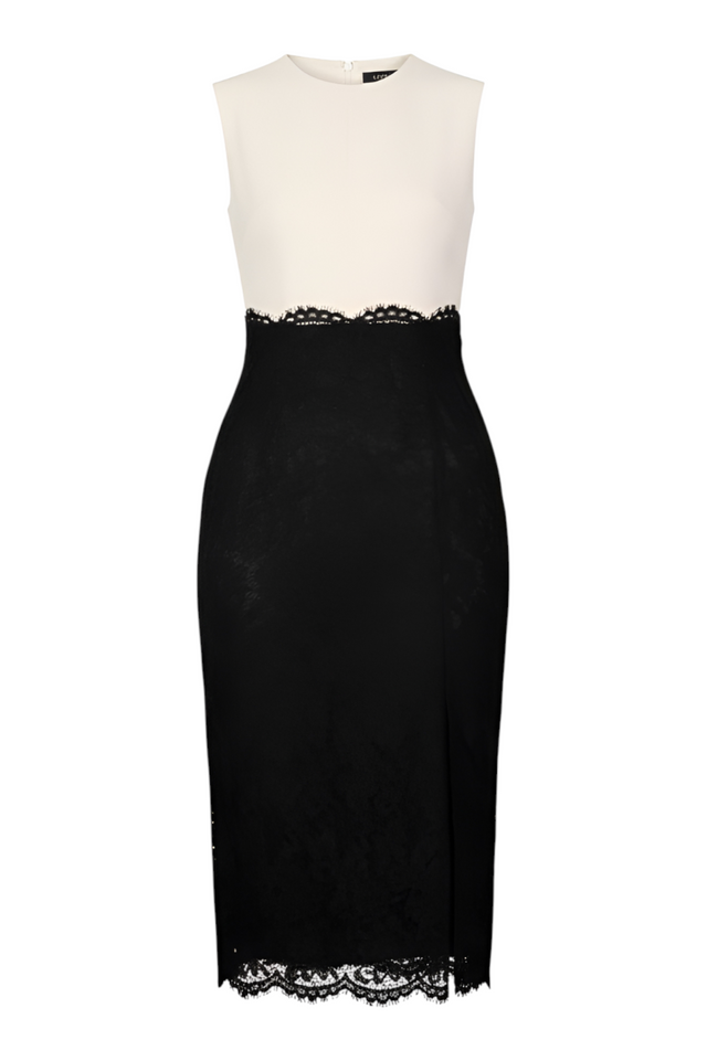 Valentino Two-Tone Lace Trim Sheath Dress — Black & Ivory