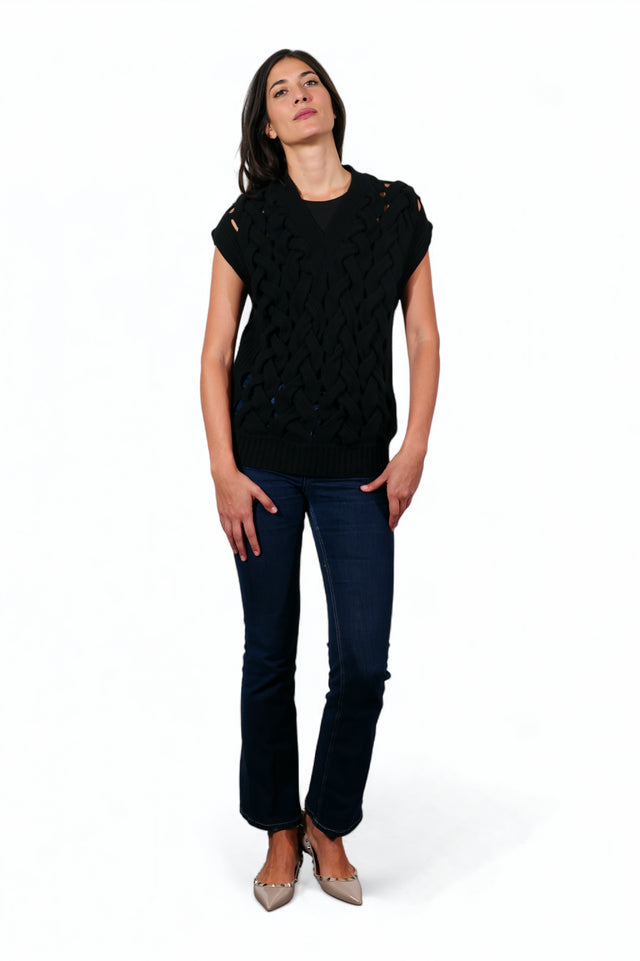 Valentino Black Braided Cutout Wool Sweater Vest