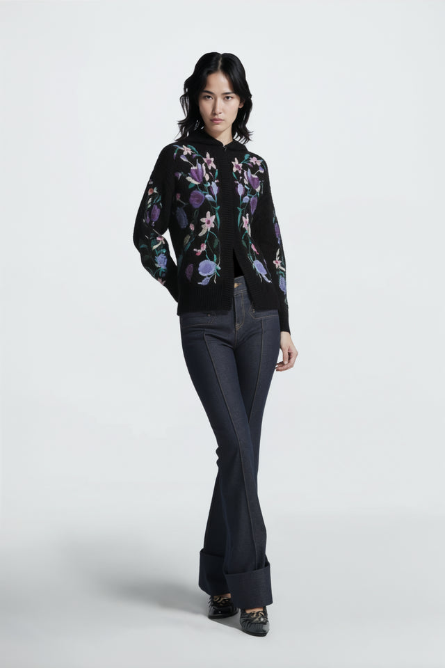 Valentino Floral Embroidered Hooded Wool Cardigan