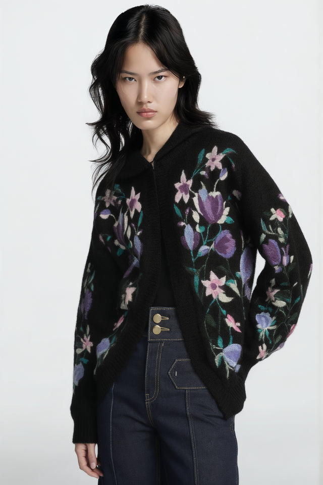 Valentino Floral Embroidered Hooded Wool Cardigan