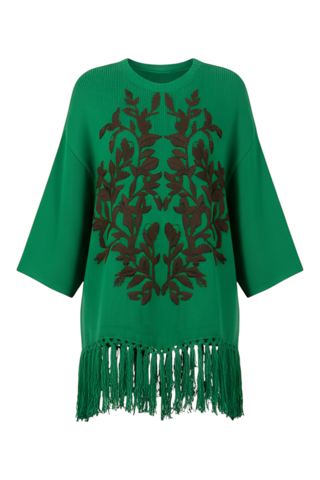 Valentino Floral Jacquard Fringe Hem Sweater — Green & Brown