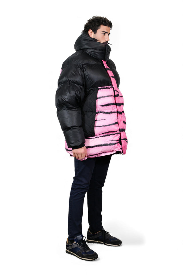 Valentino Black & Pink Down Puffer Coat with Graphic Paneling