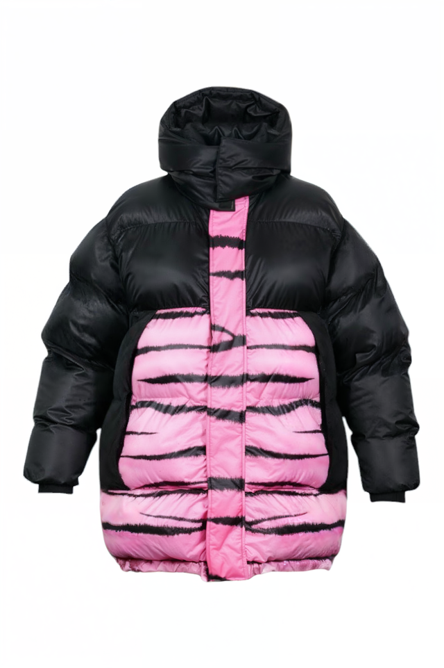 Valentino Black & Pink Down Puffer Coat with Graphic Paneling