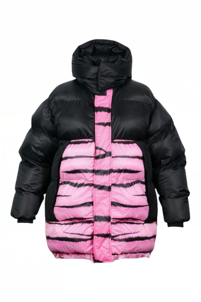 Valentino Black & Pink Down Puffer Coat with Graphic Paneling