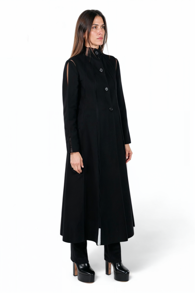 Valentino Black Longline Wool Coat with Sheer Details