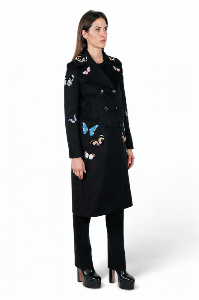 Valentino Black Wool Coat with Embroidered Butterflies